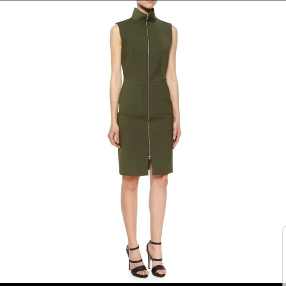L'Agence Mock-Neck Front-Zip Dress in Olive Green - Picture 1 of 8